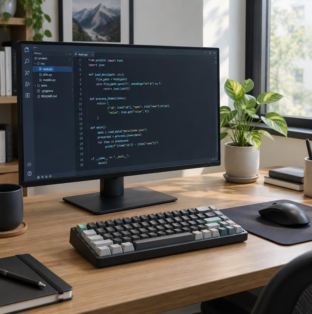 Developer desk with a keyboard and monitor showing code